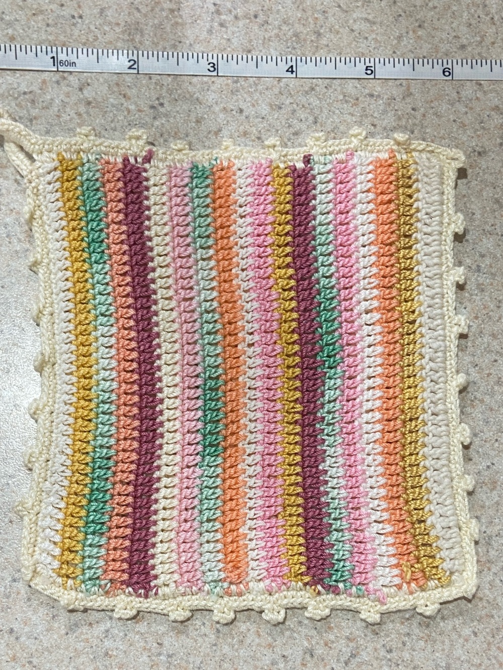 Vintage handmade Kitchen Linens, multi-colored pastel striped crochet